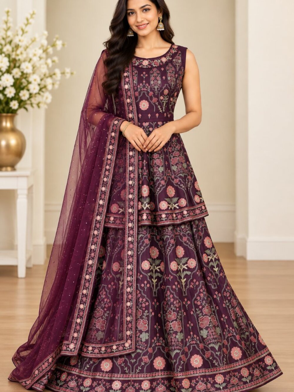 Plum Purple Floral Embroidered Lehenga Set with Dupatta – Indian Ethnic Wear